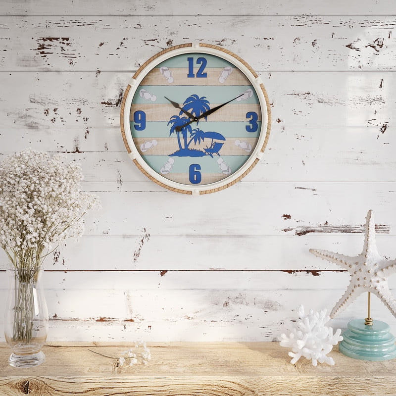 Isla Nautical Round Shiplap Metal Wall Clock - Beige - 17.5"H x 17.5"W
