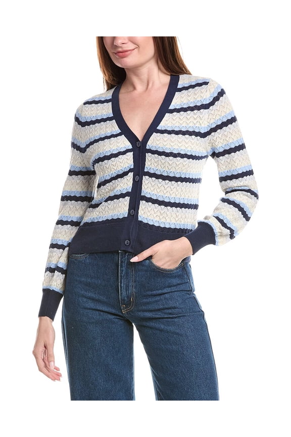 womens Ayla Pointelle Stripe Cardigan, s, Navy
