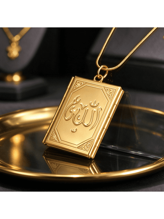 Islamic Allah Engraved Book Shape Locket Pendant Necklace For Men Women 14K Gold Filled Timeless Sacred Symbol Jewelry