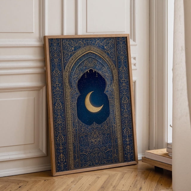 Islamic Arch Crescent Moon Blue Gold Arabic Pattern Ramadan Eid ...