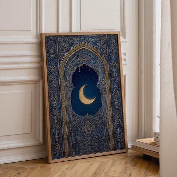 Islamic Arch Crescent Moon Blue Gold Arabic Pattern Ramadan Eid Moroccan Mosque Arch Luxury Islamic Poster Unframed Paper Print