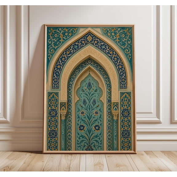Islamic Arch Wall Art Ottoman Turquoise Mosque Print Blue Geometric Middle Eastern Architectural Decor, Unframed Paper Print