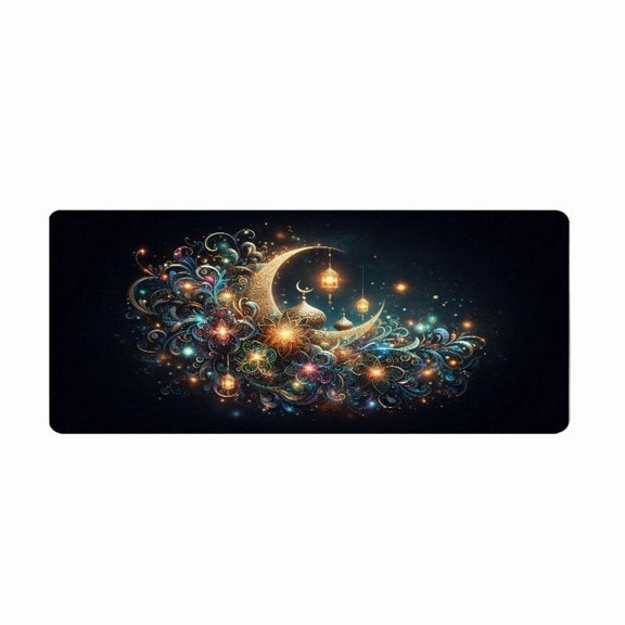 Islamic Art Moon and Lantern Mouse Pad 31.5 x 11.82 Inches Rubber Desk Accessory with Colorful Arabic Design for Office and Home Use
