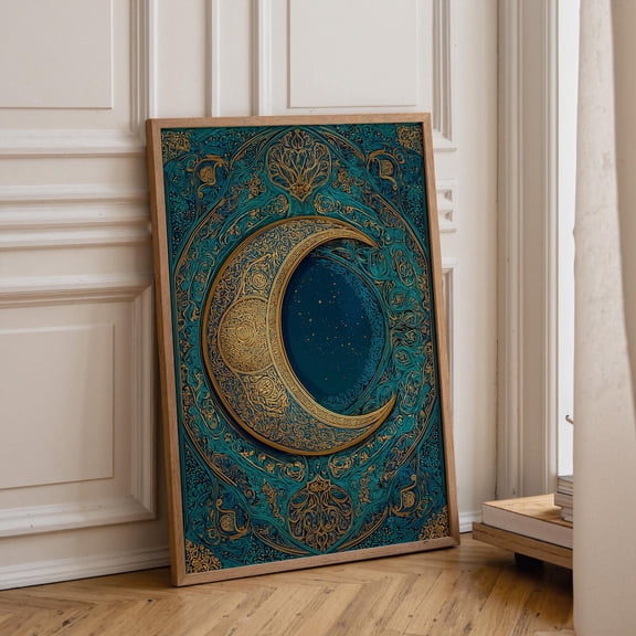 Islamic Crescent Moon Gold Blue Arabic Pattern Ramadan Boho Poster Unframed Paper Print