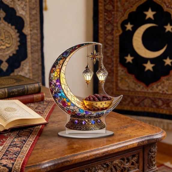 Elegant Crescent Moon & Lantern Desktop Ornament, 2D Moon Crescent Lantern Sign Ornaments for Islam Ramadan Eid Decorations (20cm-B)