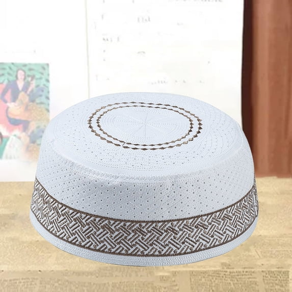 Islamic Embroidered Kufi Hat for Men - Traditional Muslim Prayer Cap with Ventilated Design, Perfect for Ramadan & Eid Celebrations-Coffee