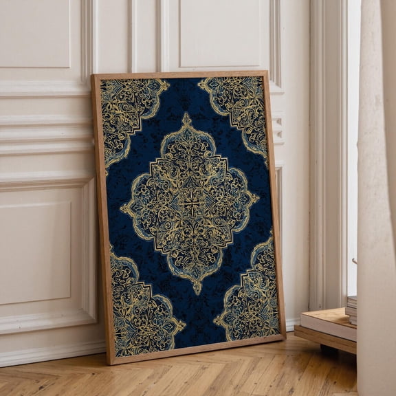 Islamic Geometric Pattern Blue Gold Moroccan Tile Graphic Poster Unframed Paper Print