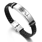 Islamic God Jewelry Allah Heartbeat Leather Bracelet Arabic Muslim Protection Symbolic Bangle Muslims Amulets for Women Men, 8.26 inches, Black