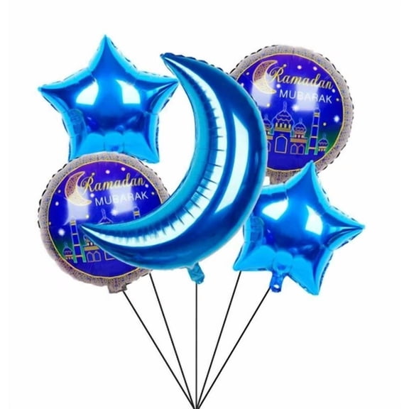 Islamic Holiday Decor | Ramadan Mubarak Balloons 5 Pack Crescent Moon Star Blue