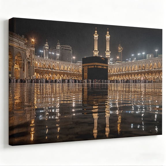 Islamic Holy Kaaba Mecca Reflection Canvas Wall Art - Grand Mosque Masjid al-Haram Night Photography Print - Matte Finish Gallery Wrapped Spiritual Decor Ready to Hang 8*12