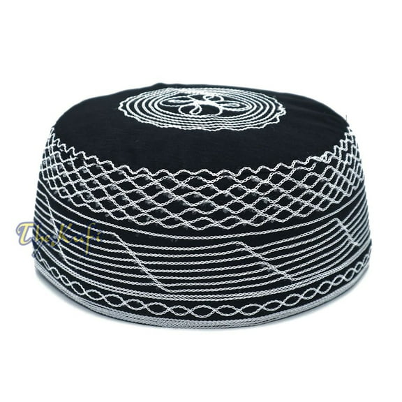 Islamic Kufi Hat | 3″ Tall Handcrafted Cotton-Blend Cap With Black Silver Embroidery