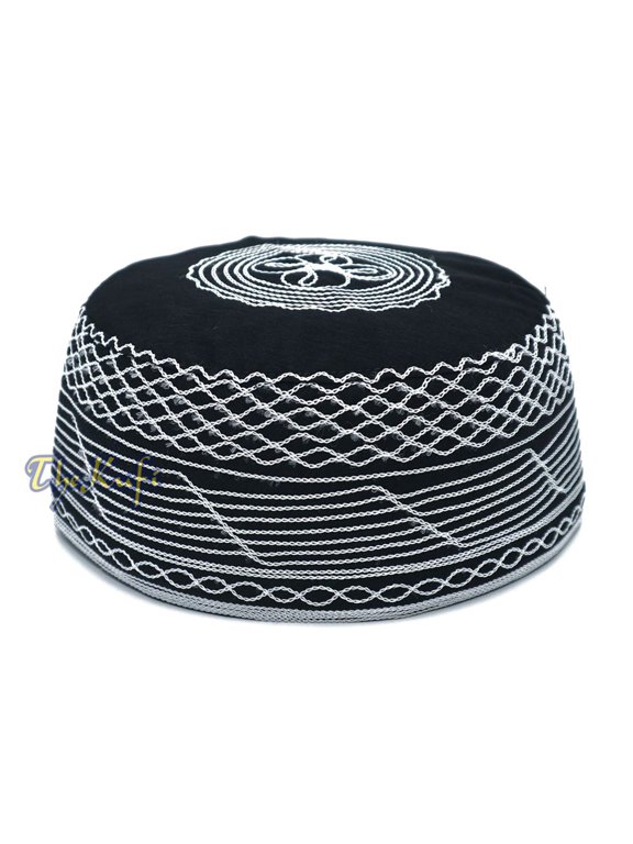 Islamic Kufi Hat | 3″ Tall Handcrafted Cotton-Blend Cap With Black Silver Embroidery