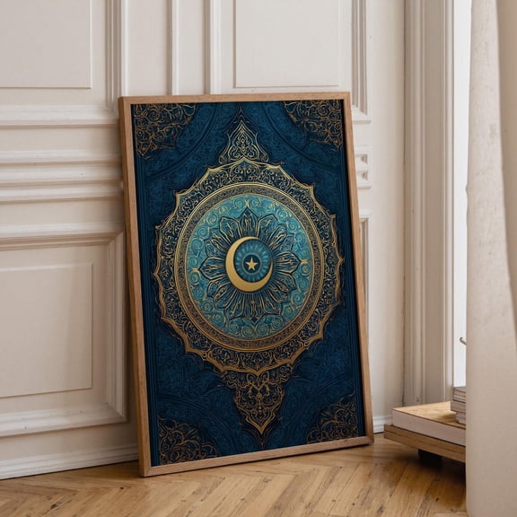 Islamic Mandala Moon Star Blue Gold Arabic Pattern Ramadan Eid Poster Unframed Paper Print