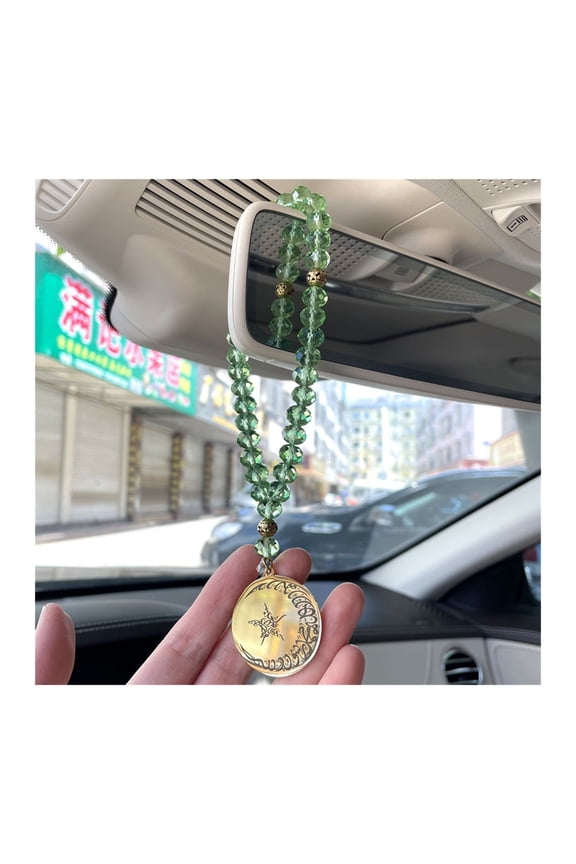 Islamic Ottoman Turkish Prayer 33 Green Crystal Beads Tasbih with Crescent Moon - Car Rear View Mirror Pendant Hanging Decoration
