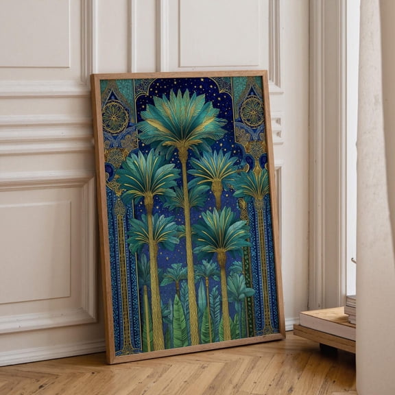 Islamic Palm Tree Blue Gold Moroccan Arabian Night Boho Islamic Luxury Middle Eastern Poster Unframed Paper Print