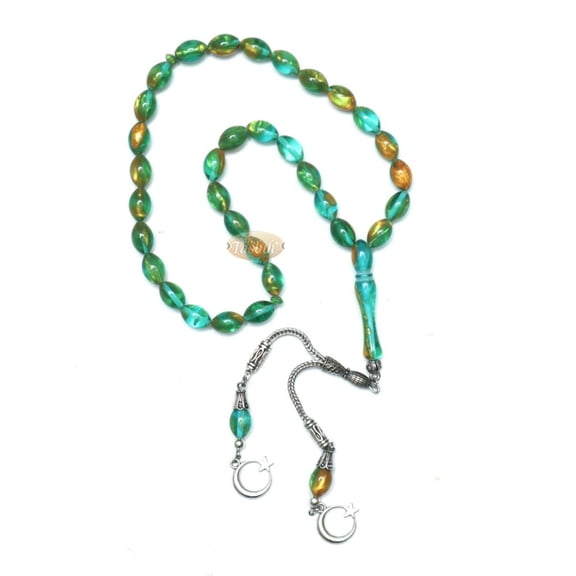Islamic Prayer Beads Small 33-ct Tasbih 711-mm Oval Acrylic Translucent Marbled Turquoise Blue Green Gold from Konya Silver Kizilay Charms