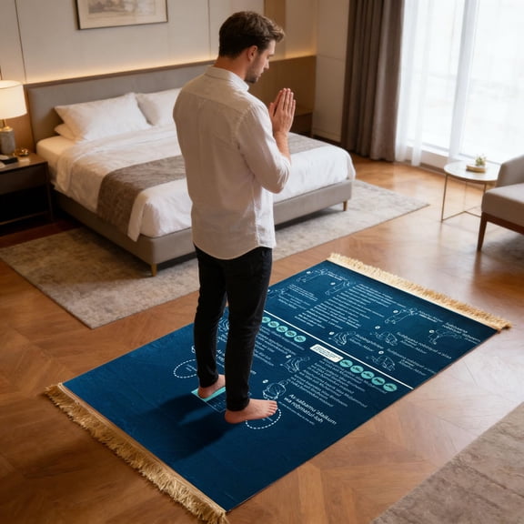Islamic Prayer Mat with English Instructions and Arabic Recitation, Extra Thick Non Slip Rug for Learning Salah at Home or Travel