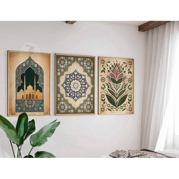 Islamic Prints Arabic Wall Art Middle Eastern Decor Islamic Floral Set 3 Stretched Canvas 12x18