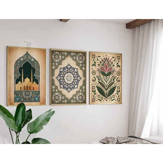 Islamic Prints Arabic Wall Art Middle Eastern Decor Islamic Floral Set 3 Stretched Canvas 16x24