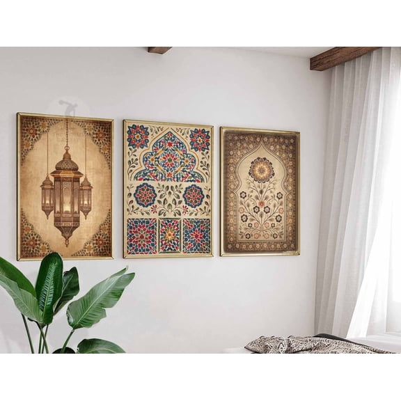 Islamic Prints Arabic Wall Art Middle Eastern Decor Islamic Floral Set 3 Stretched Canvas 16x24