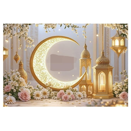 Islamic Ramadan Eid Polyester Backdrop, Crescent Moon Lantern Floral Party Photo Background 59" × 39"