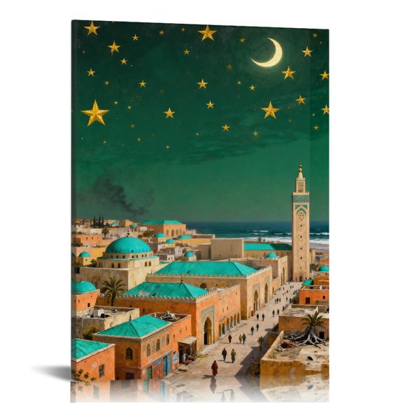 Islamic Style Star-Moon Night Sky Mosque Complex Printed Canvas Wall Art (Hidden Wooden Frame) - Decor for Living Room & Cultural Display Area