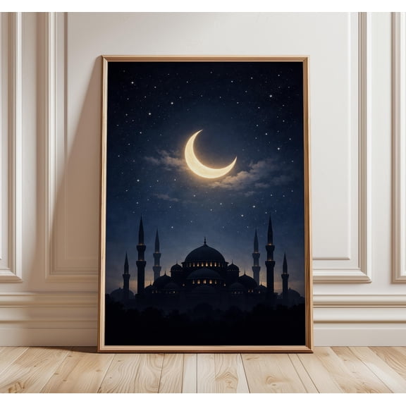 Islamic Wall Art Crescent Moon Mosque Print Ramadan Night Blue Masjid Wall Decor Eid Islamic Home Artwork, Unframed Paper Print