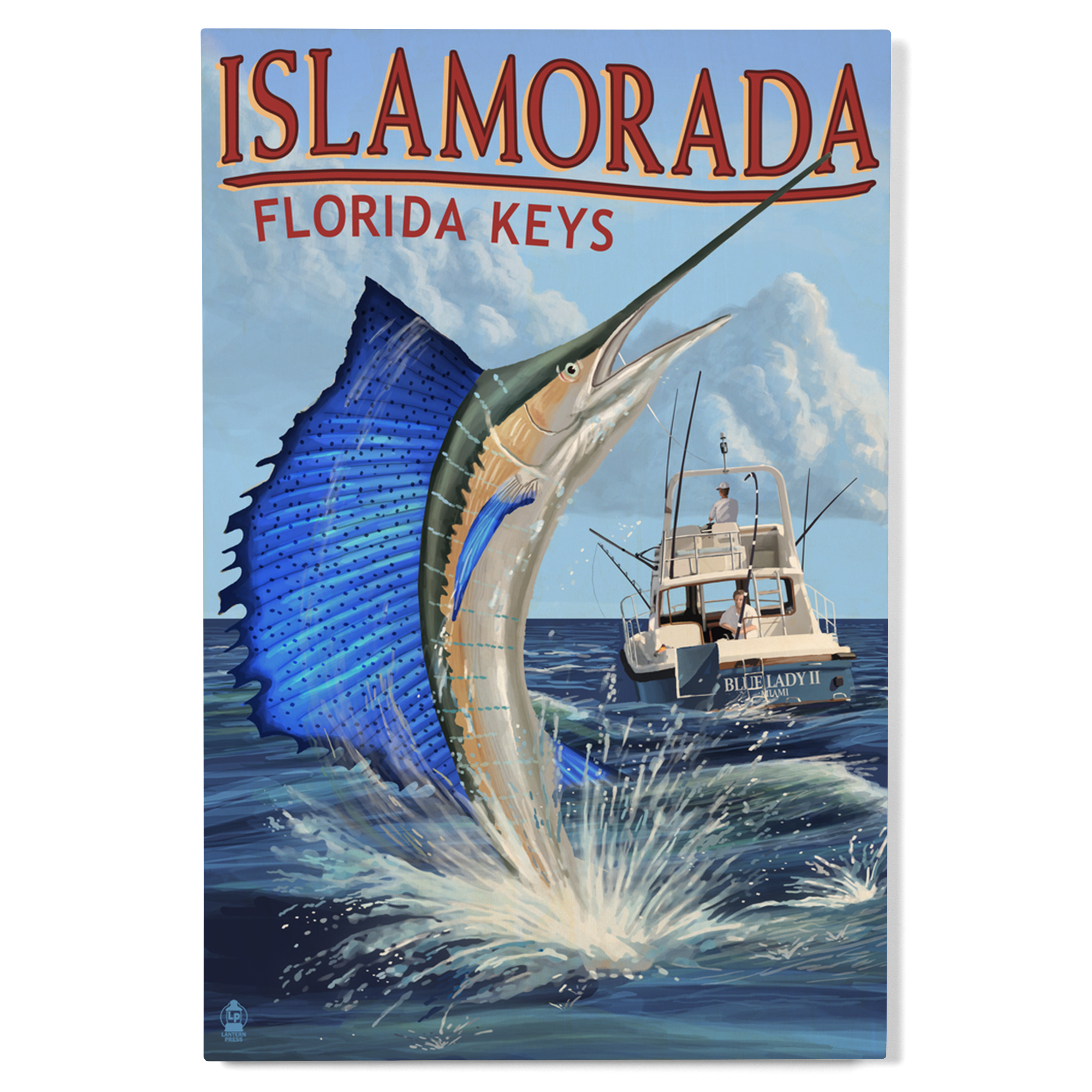 Islamorada, Florida Keys, Sailfish Scene Birch Wood Wall Sign (12x18 Rustic Home Decor, Ready to