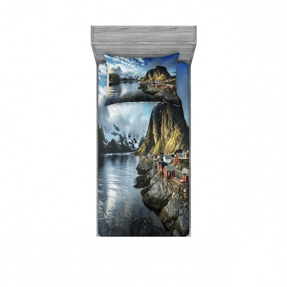 Island Bedding Set with Sheet & Covers, Fishing Hut Photo in Autumn with Rocks and Clouds Scenery Northern Norway Cold, Printed Bedroom Decor 2 Shams, 4 Sizes, Blue Grey White, by Ambesonne
