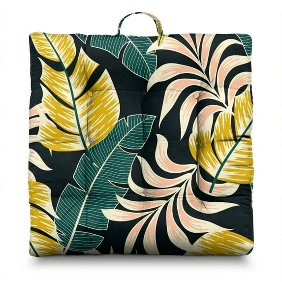 Island Breeze Floor Cushion – 22x22 Inch Large Pillow, Dutch Velvet, Gentle Floral & Leaf Mix (Subtle Tropical Accent)