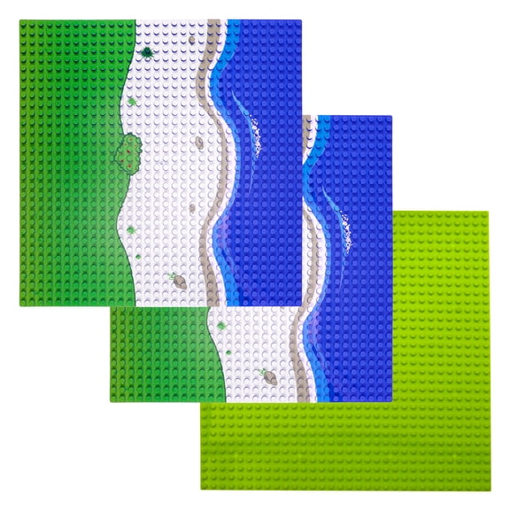 Island Building Block Base Plates Compatible with All Major Brands - 3 Pack Beach - 2 Straight & 1 Center Grass add-on to Expand Your Island - 10-1/16" x 10-1/16"Inches