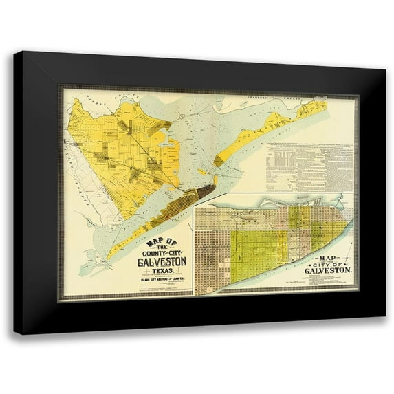 Island City Abstract and Loan Co. 14x11 Black Modern Framed Museum Art Print Titled - Map of the county and city of Galveston, Texas, 1891