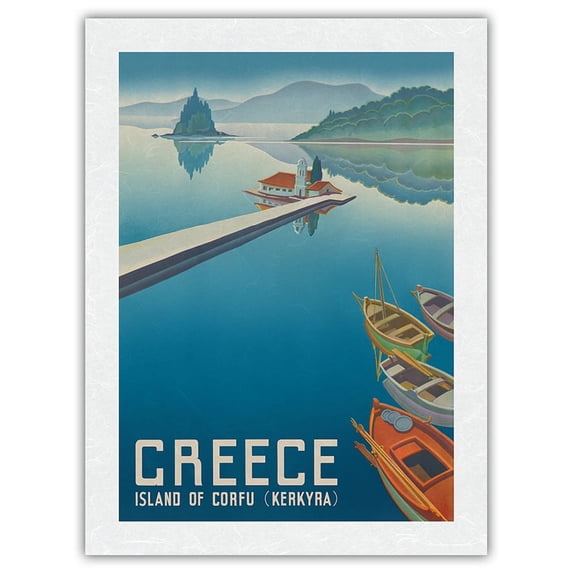 Island of Corfu (Kerkyra) - Greece - Vlacherna Monastery - Vintage Travel Poster by Sevastianos Kourkoulos c.1949 - Japanese Unryu Rice Paper Art Print 24 x 32 in