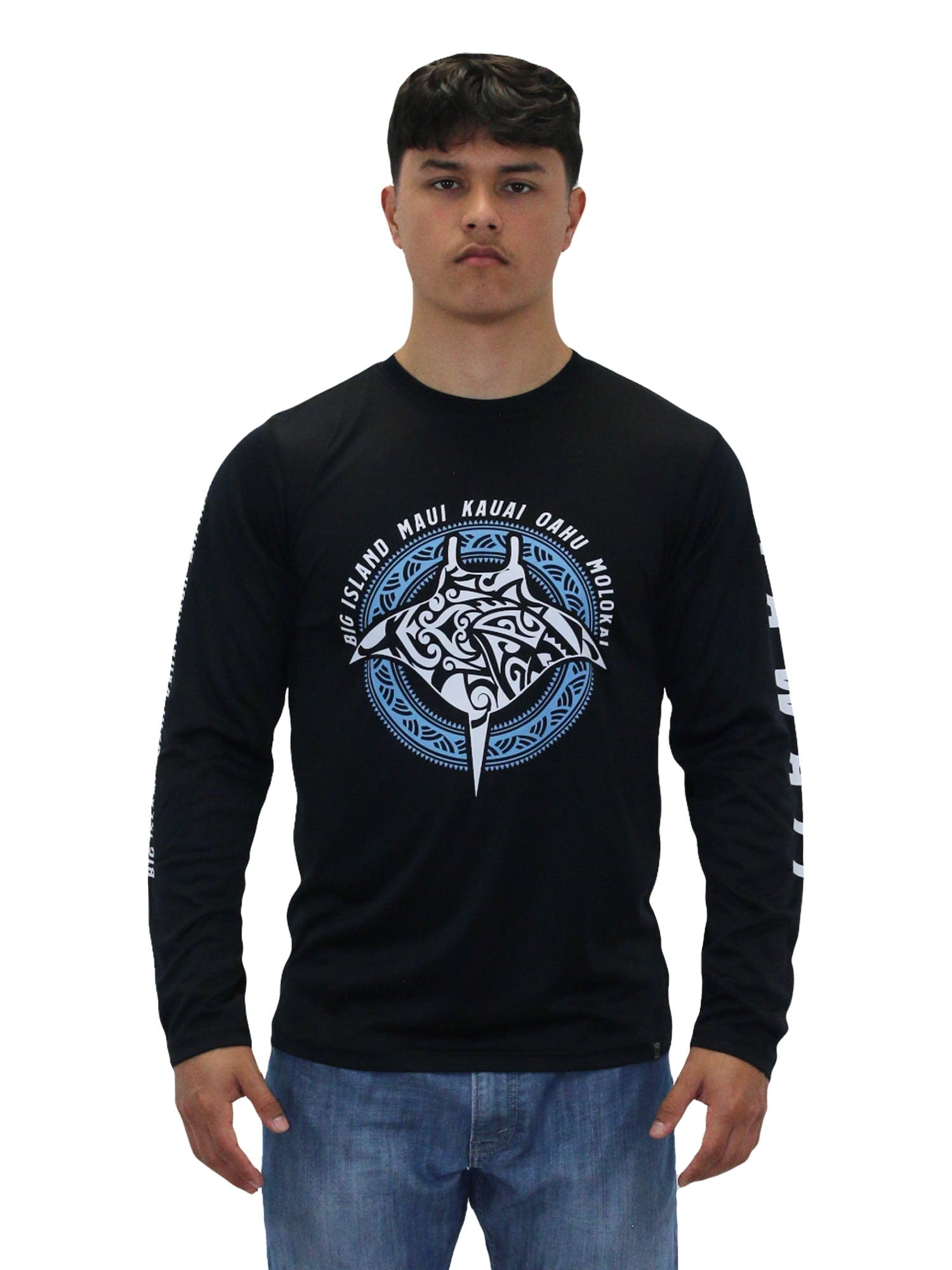 Island Crew Hawaii Dri Fit Cool T-Shirt Long Sleeve, Manta Ray, Small - 3XLarge, Black
