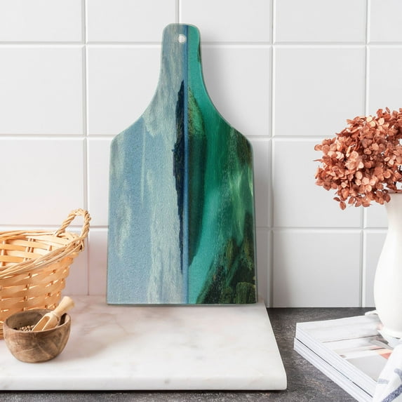 Island Cutting Board, Floating Rock and Lighthouse in Crystal Clear Atlantic Water Mist Nature Photo, Tempered Glass Cutting and Serving Board, Wine Bottle Shape, Blue Grey White, by Ambesonne