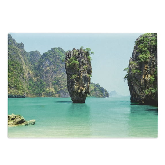 Island Cutting Board, James Bond Stone Island Landscape in Tropical Beach Cruising Journey of Life Photo, Decorative Tempered Glass Cutting and Serving Board, Large Size, Green Brown, by Ambesonne