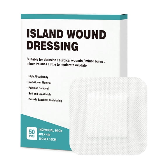 Island Dressing 4"x4", 50 Individually Packed Bordered Gauze Pads, Non-Stick Pad in Center with Adhesive Border, Highly Absorbent Non-Woven Medical Grade Bandages for Wounds, First Aid