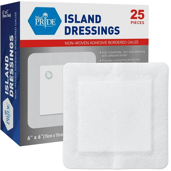 MED PRIDE Bordered Gauze Island Dressing 6” × 6” – 25-Pack Sterile Wound Dressings for First Aid Kits – Soft, Breathable, Non-Stick Island Dressings