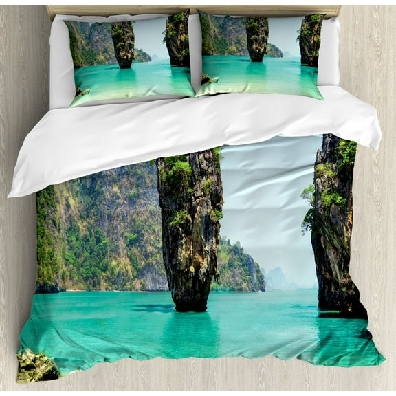Island Duvet Cover Set, James Bond Stone Island Landscape in Tropical Beach Cruising Journey of Life Photo, Decorative 3 Piece Bedding Set with 2 Pillow Shams, Queen Size, Green Brown, by Ambesonne
