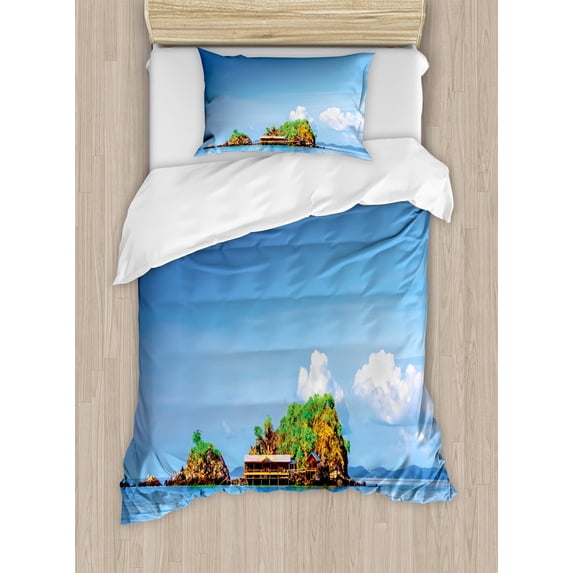 Island Duvet Cover Set, Photo of Tropic Islands in the Pacific Sea Vivid Sky View Peaceful Idyllic, Decorative 2 Piece Bedding Set with 1 Pillow Shams, Twin Size, Blue White, by Ambesonne