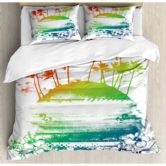 Island Duvet Cover Set Queen Size, Grunge Style Artsy Inky Colorful Summer Scenery with Palms and Hawaiian Hibiscus Flowers, Decorative 3 Piece Bedding Set with 2 Pillow Shams, Multi, by Ambesonne