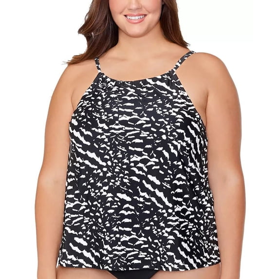 Island Escape BLACK/WHITE Cali High-Neck Underwire Tankini Swim Top, US 18W