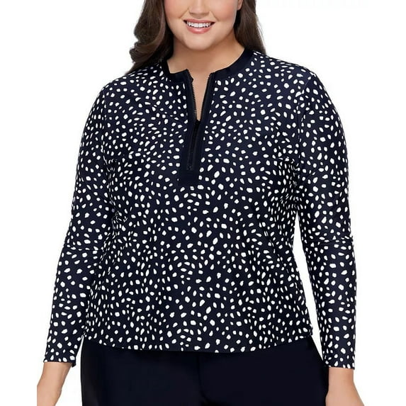Island Escape BLACK/WHITE Plus Size Half-Zip Rash Guard, US 2X