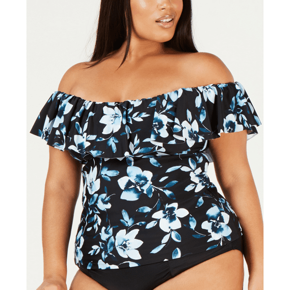 Island Escape BLUE AND BLACK PRINT Veronique La Flor Tankini Swim Top, US 24W