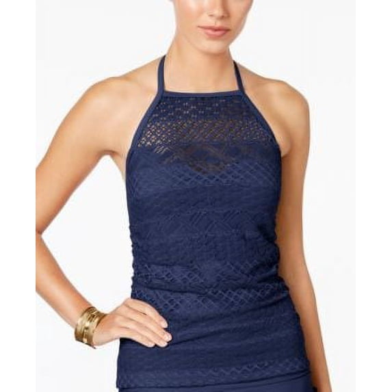 Island Escape NAVY Sky High Neck Crochet Tankini Swim Top, US 8