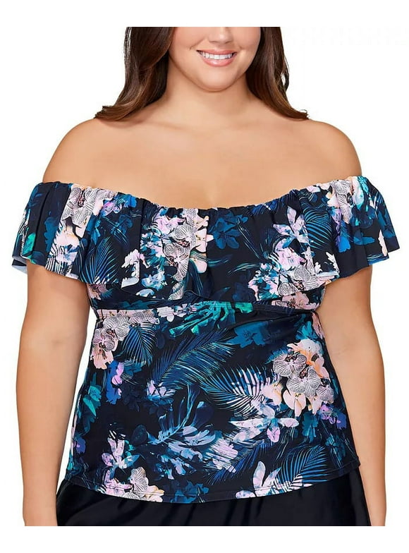 Island Escape Women's Plus La Flor Floral Print Underwire Tankini Top Swimsuit Black Size 16W