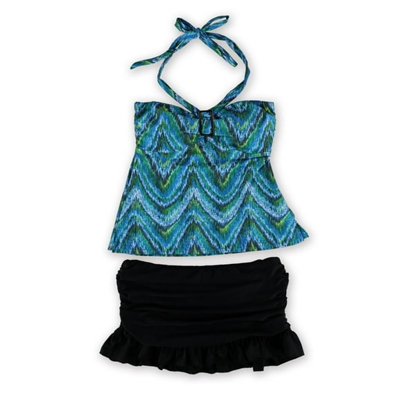 Island Escape Womens Patterned Ruffle Skirtini 2 Piece Bandeau, Blue, 12