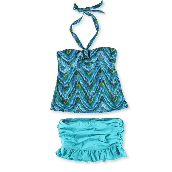 Island Escape Womens Patterned Ruffle Skirtini 2 Piece Bandeau, Blue, 8