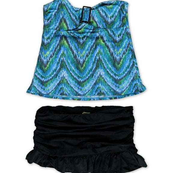 Island Escape Womens Patterned Ruffled Skirtini 2 Piece Bandini, Blue, 8