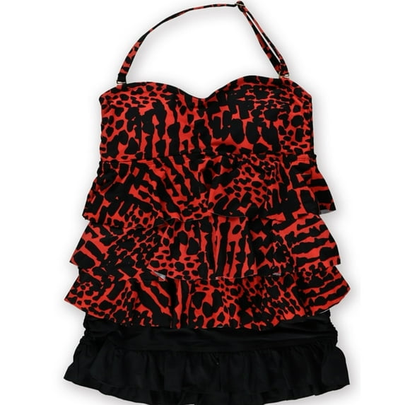 Island Escape Womens Print Tier Ruffled Skirt 2 Piece Bandeau, Orange, 8